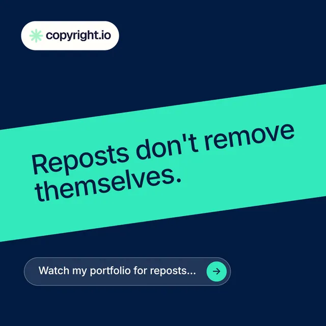 Instagram post for copyright.io: "Reposts don't remove themselves." Agentic glass style, diagonal layout, dark palette in blue, teal.