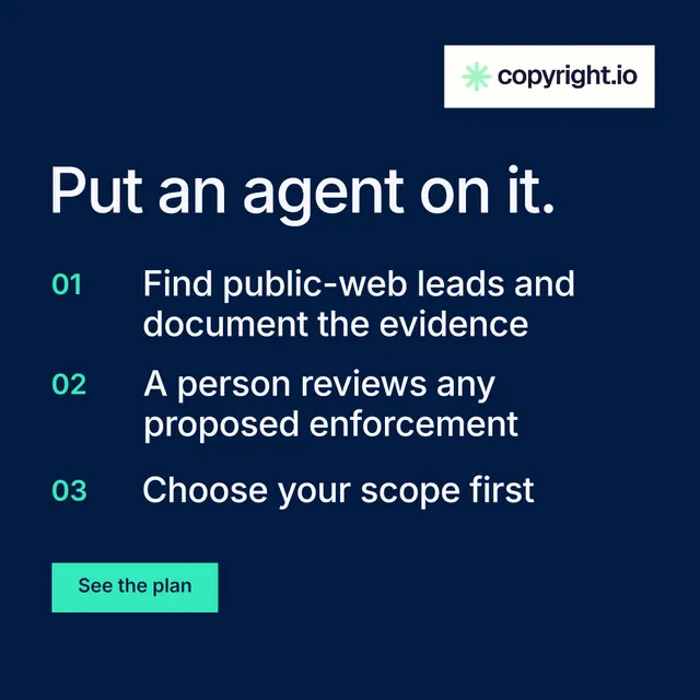 Instagram post for copyright.io: "Put an agent on it." Split block style, numbered layout, dark palette in blue.