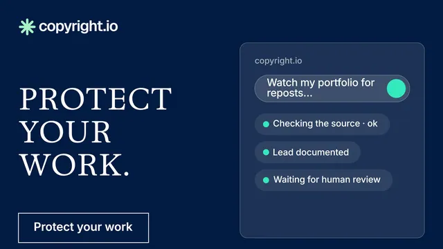Landscape graphic for copyright.io: "Protect your work." Editorial style, bottom layout, dark palette in blue.