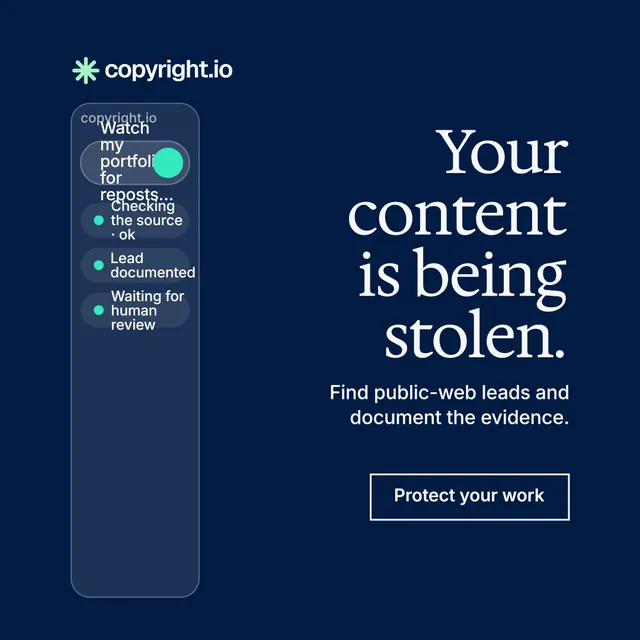 Instagram post for copyright.io: "Your content is being stolen." Editorial style, right layout, dark palette in blue.