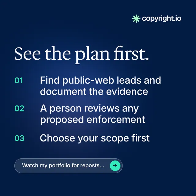 Instagram post for copyright.io: "See the plan first." Agentic glass style, numbered layout, dark palette in blue.