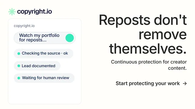 Landscape graphic for copyright.io: "Reposts don't remove themselves." Minimal luxury style, right layout, light palette in white.