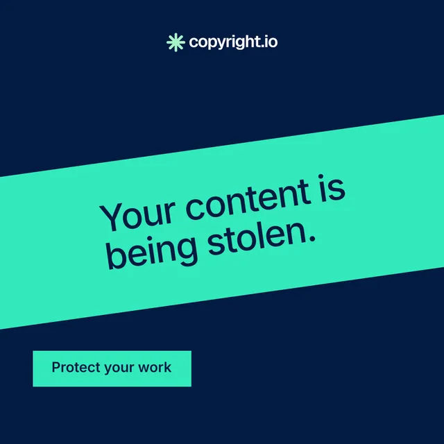 Instagram post for copyright.io: "Your content is being stolen." Swiss style, diagonal layout, dark palette in blue, teal.