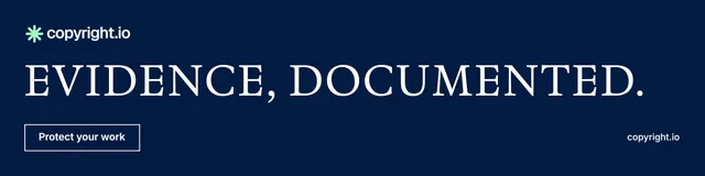LinkedIn banner for copyright.io: "Evidence, documented." Editorial style, poster layout, dark palette in blue.