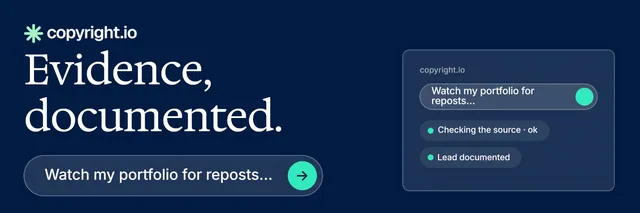 X header for copyright.io: "Evidence, documented." Agentic glass style, skeleton layout, dark palette in blue.