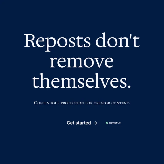 Instagram post for copyright.io: "Reposts don't remove themselves." Minimal luxury style, smallcaps layout, dark palette in blue.