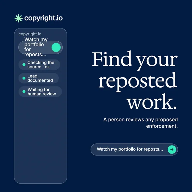 Instagram post for copyright.io: "Find your reposted work." Agentic glass style, right layout, dark palette in blue.