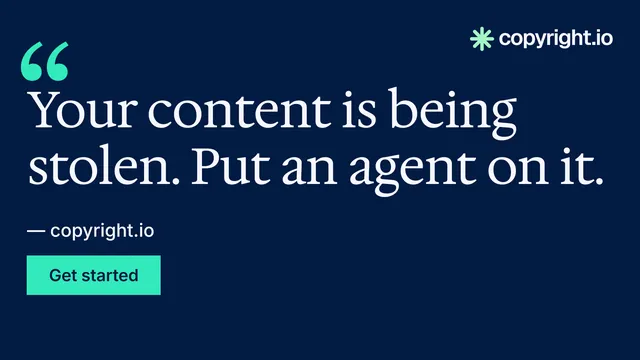 Landscape graphic for copyright.io: "Your content is being stolen." Split block style, quote layout, dark palette in blue.