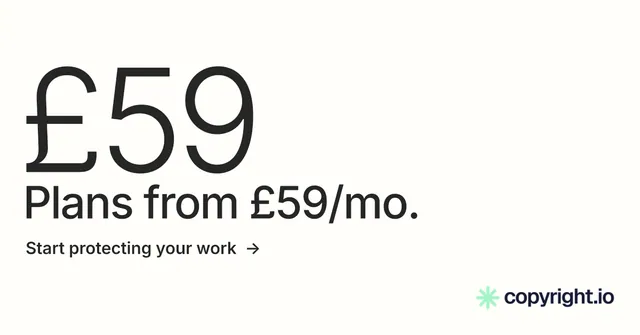 Social ad for copyright.io: "Find your reposted work." Minimal luxury style, stat layout, light palette in white, grey.
