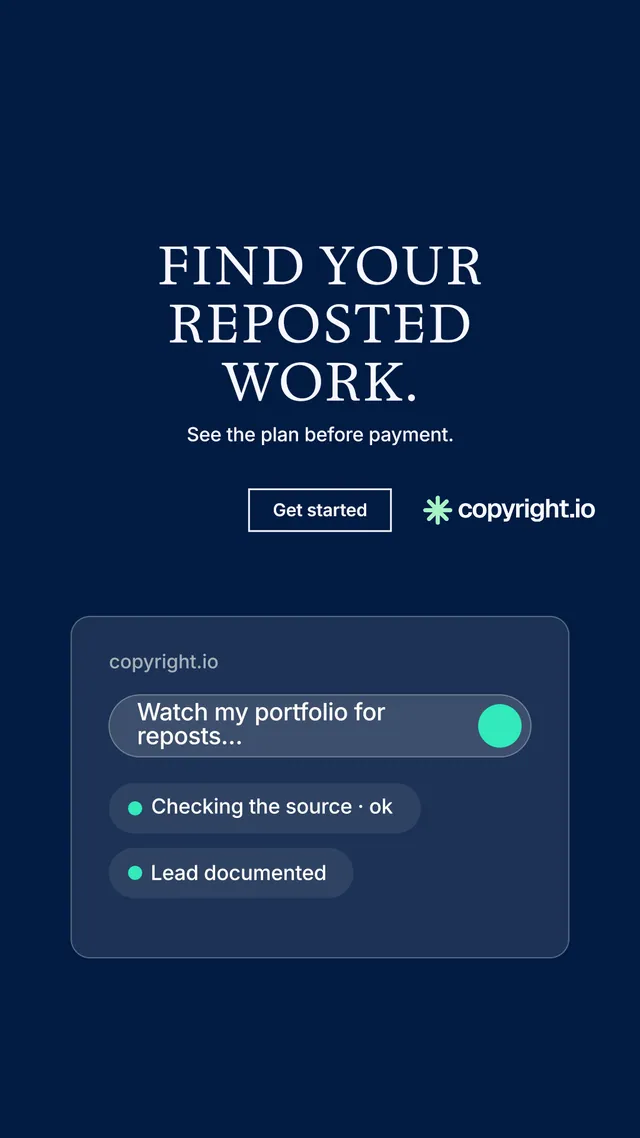 Instagram story for copyright.io: "Find your reposted work." Editorial style, centred layout, dark palette in blue.