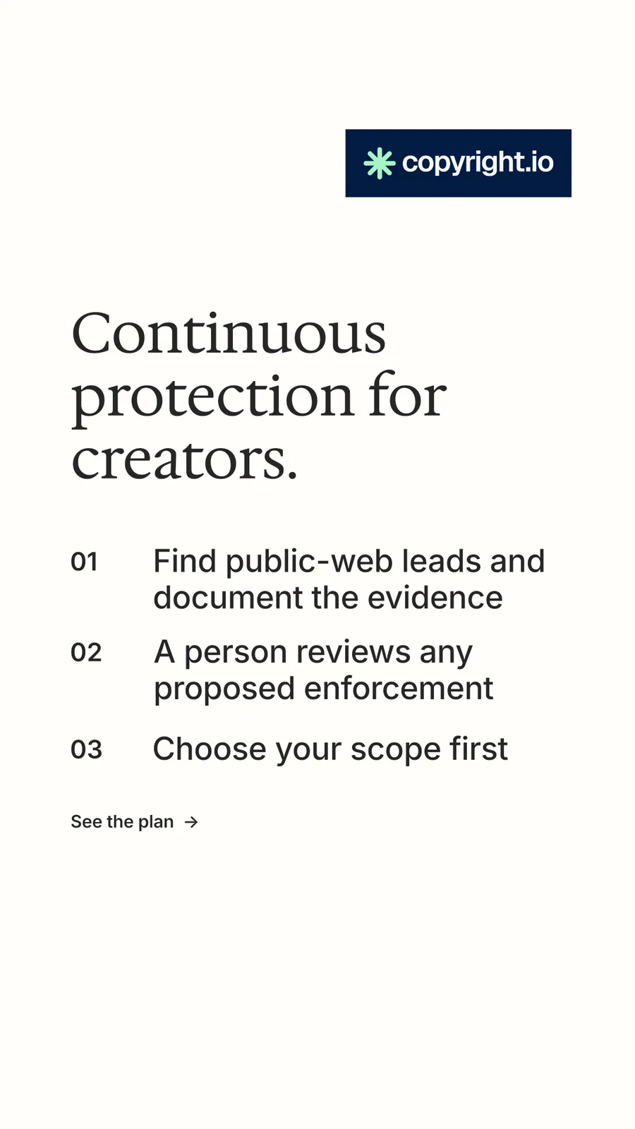 Instagram story for copyright.io: "Continuous protection for creators." Minimal luxury style, numbered layout, light palette in white, grey.