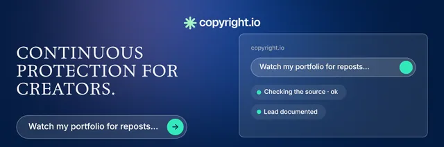 X header for copyright.io: "Continuous protection for creators." Agentic glass style, bottom layout, dark palette in blue.