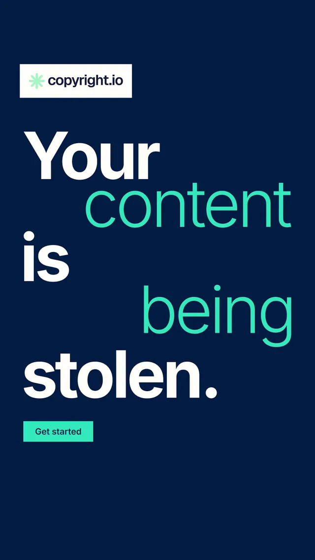 Instagram story for copyright.io: "Your content is being stolen." Swiss style, stacked layout, dark palette in blue, teal.