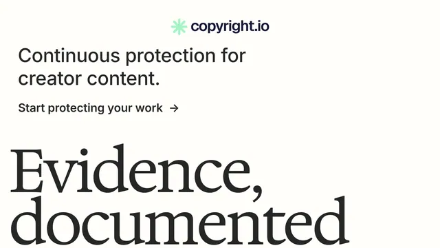 Landscape graphic for copyright.io: "Find your reposted work." Minimal luxury style, oversized layout, light palette in white, grey.
