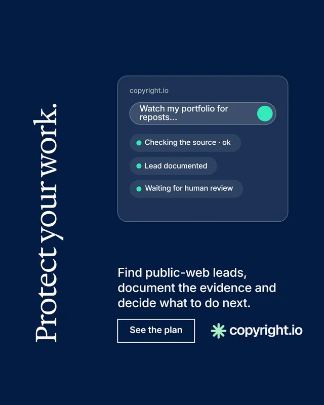 Instagram portrait post for copyright.io: "Protect your work." Editorial style, vertical layout, dark palette in blue.