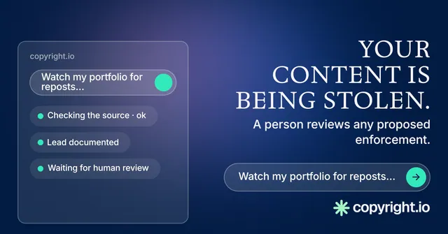 Social ad for copyright.io: "Your content is being stolen." Agentic glass style, right layout, dark palette in blue.