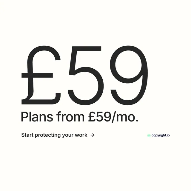 Instagram post for copyright.io: "See the plan first." Minimal luxury style, stat layout, light palette in white, grey.