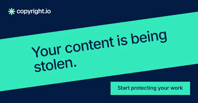Social ad for copyright.io: "Your content is being stolen." Swiss style, diagonal layout, light palette in teal, blue.