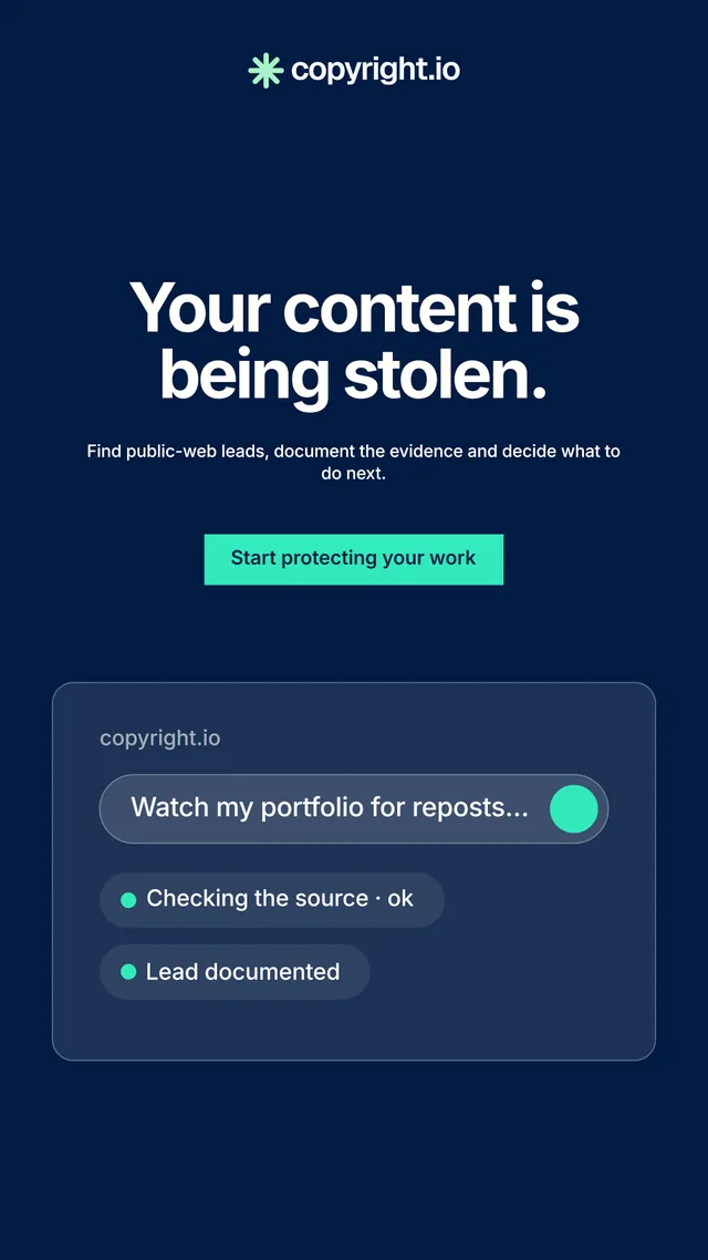 Instagram story for copyright.io: "Your content is being stolen." Swiss style, centred layout, dark palette in blue.