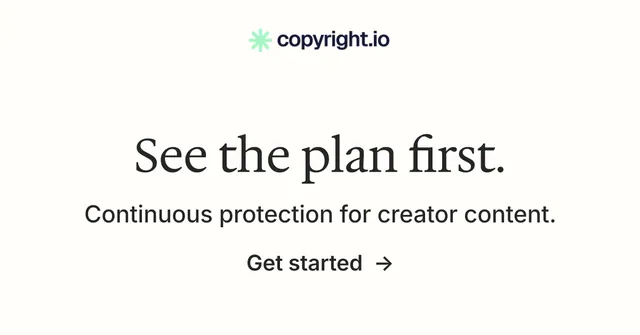 Social ad for copyright.io: "See the plan first." Minimal luxury style, skeleton layout, light palette in white, grey.