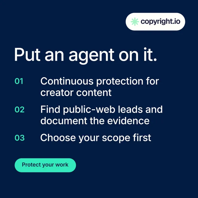 Instagram post for copyright.io: "Put an agent on it." Y2K style, numbered layout, dark palette in blue.