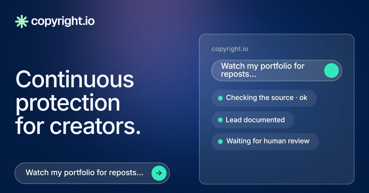 Social ad for copyright.io: "Continuous protection for creators." Agentic glass style, bottom layout, dark palette in blue.
