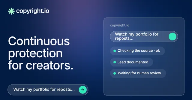 Social ad for copyright.io: "Continuous protection for creators." Agentic glass style, bottom layout, dark palette in blue.