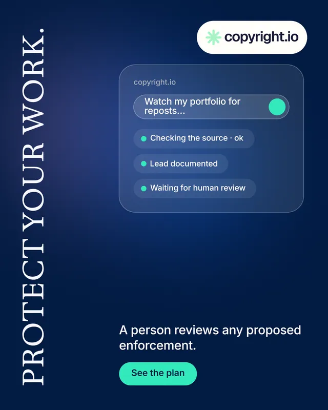 Instagram portrait post for copyright.io: "Protect your work." Y2K style, vertical layout, dark palette in blue.