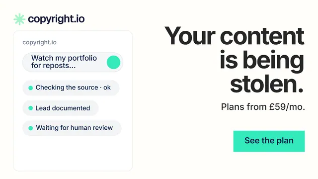 Landscape graphic for copyright.io: "Your content is being stolen." Swiss style, right layout, light palette in white, grey.