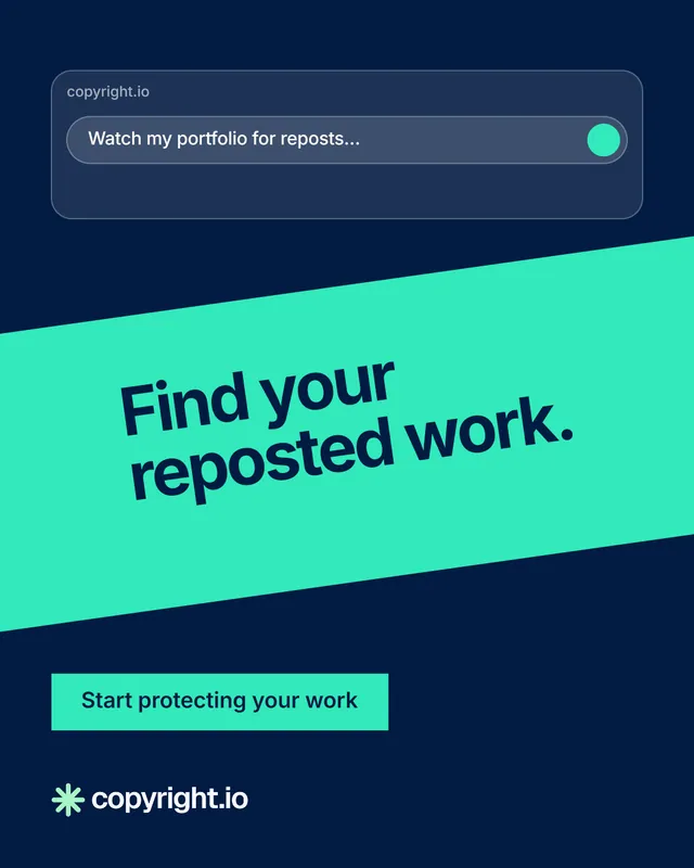 Instagram portrait post for copyright.io: "Find your reposted work." Swiss style, diagonal layout, dark palette in blue, teal.