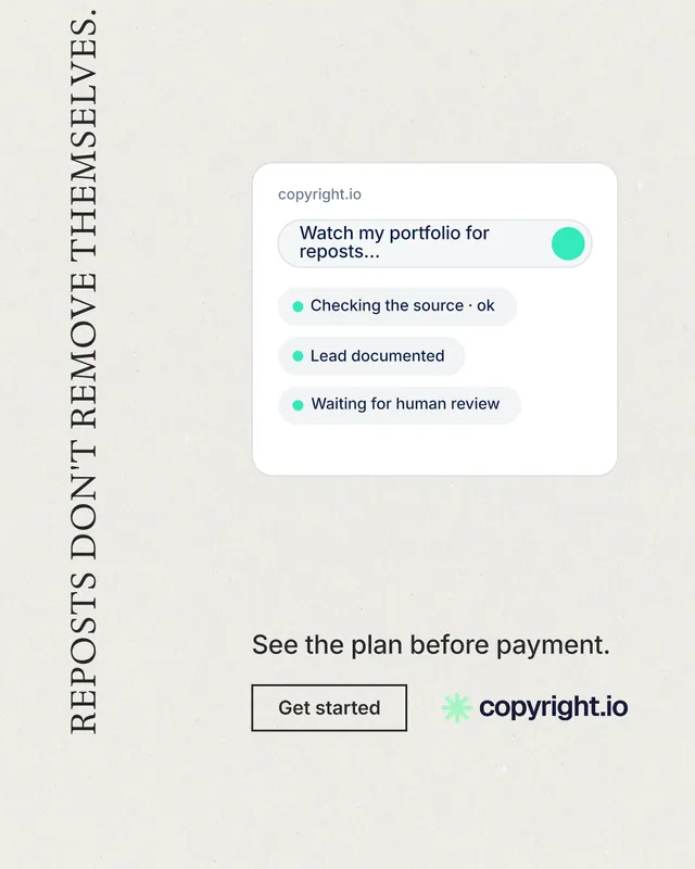 Instagram portrait post for copyright.io: "Reposts don't remove themselves." Editorial style, vertical layout, light palette in white.