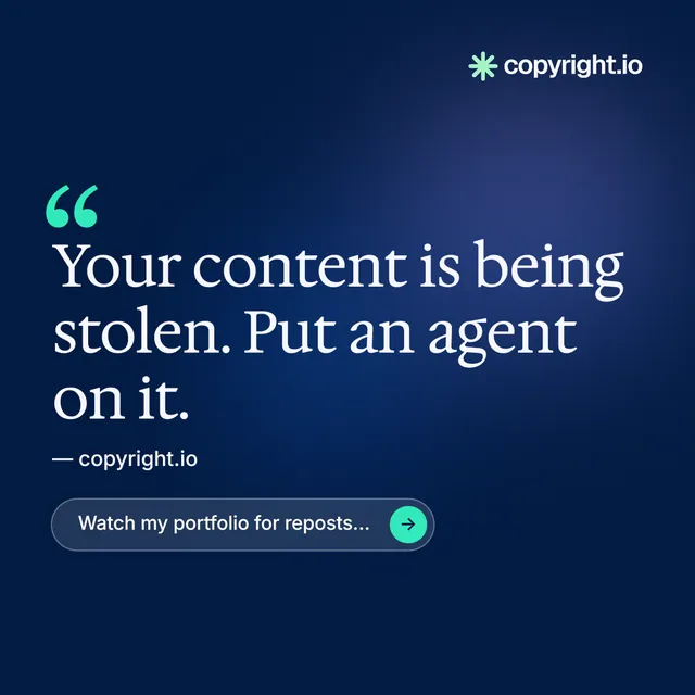 Instagram post for copyright.io: "Continuous protection for creators." Agentic glass style, quote layout, dark palette in blue.