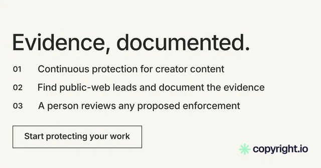 Social ad for copyright.io: "Evidence, documented." Editorial style, numbered layout, light palette in white, grey.