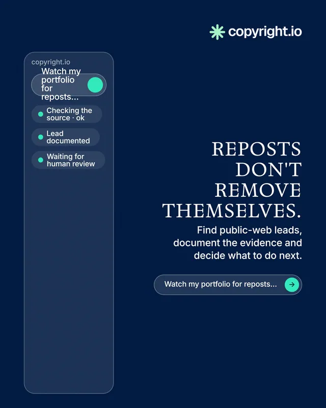 Instagram portrait post for copyright.io: "Reposts don't remove themselves." Agentic glass style, right layout, dark palette in blue.