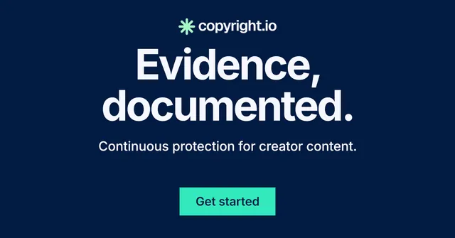 Social ad for copyright.io: "Evidence, documented." Swiss style, centred layout, dark palette in blue.