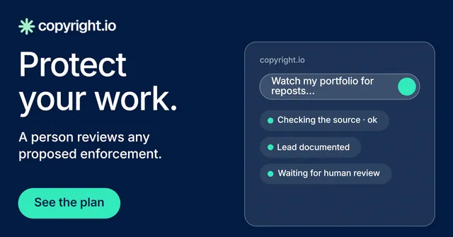 Social ad for copyright.io: "Protect your work." Y2K style, bottom layout, dark palette in blue.