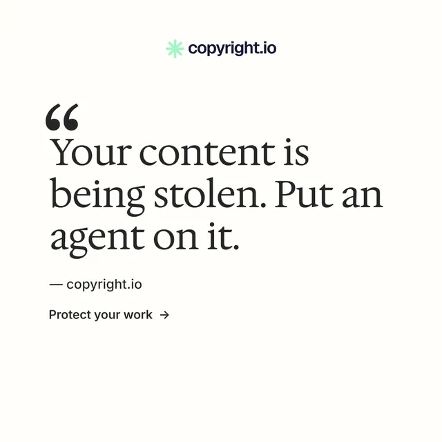 Instagram post for copyright.io: "Your content is being stolen." Minimal luxury style, quote layout, light palette in white.