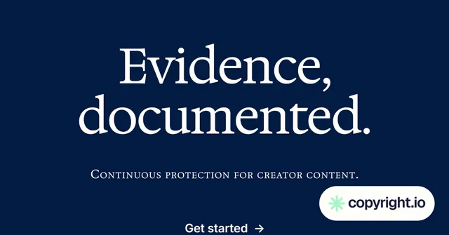 Social ad for copyright.io: "Evidence, documented." Agentic glass style, smallcaps layout, dark palette in blue, grey.