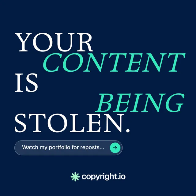 Instagram post for copyright.io: "Your content is being stolen." Agentic glass style, stacked layout, dark palette in blue.