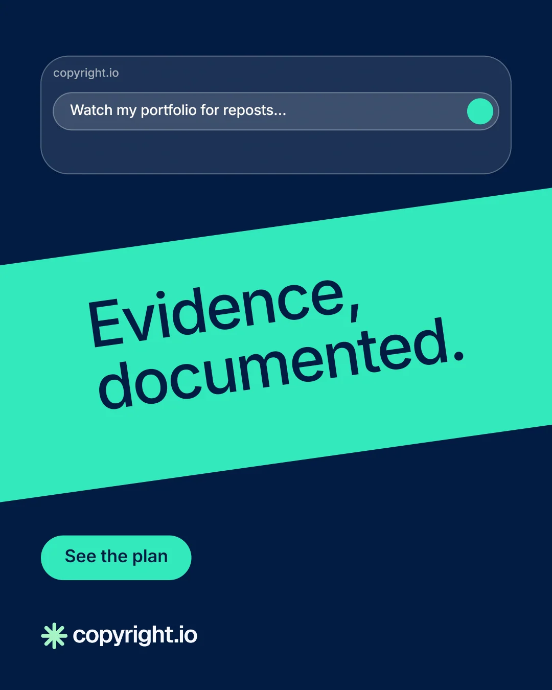 Instagram portrait post for copyright.io: "Evidence, documented." Y2K style, diagonal layout, dark palette in blue, teal.