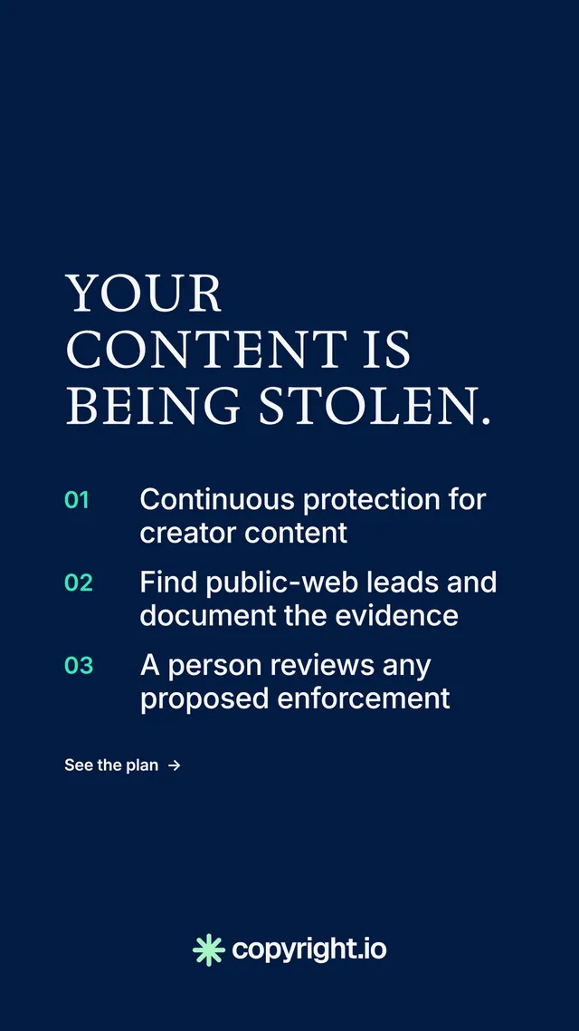 Instagram story for copyright.io: "Your content is being stolen." Minimal luxury style, numbered layout, dark palette in blue.