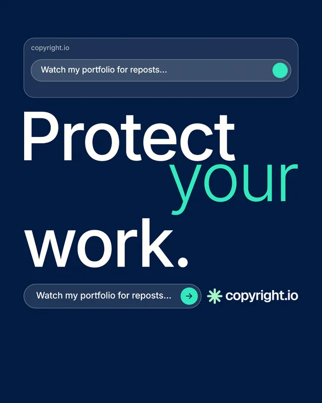Instagram portrait post for copyright.io: "Protect your work." Agentic glass style, stacked layout, dark palette in blue.