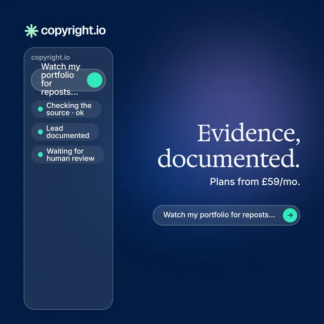 Instagram post for copyright.io: "Evidence, documented." Agentic glass style, right layout, dark palette in blue.