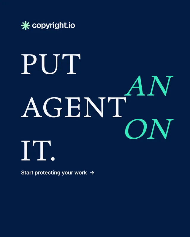 Instagram portrait post for copyright.io: "Put an agent on it." Minimal luxury style, stacked layout, dark palette in blue.