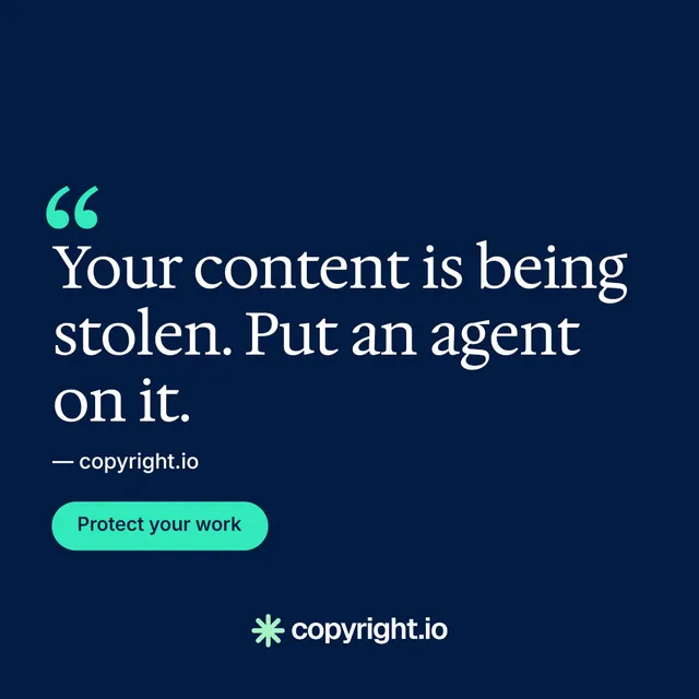 Instagram post for copyright.io: "Protect your work." Y2K style, quote layout, dark palette in blue.