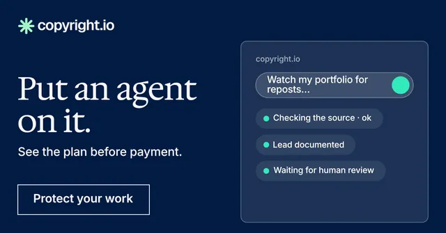 Social ad for copyright.io: "Put an agent on it." Editorial style, bottom layout, dark palette in blue.
