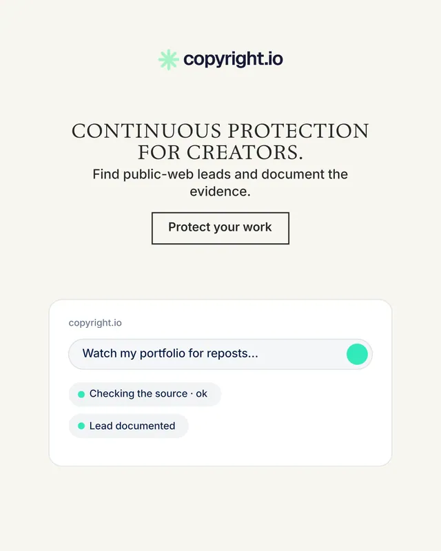 Instagram portrait post for copyright.io: "Continuous protection for creators." Editorial style, centred layout, light palette in white.