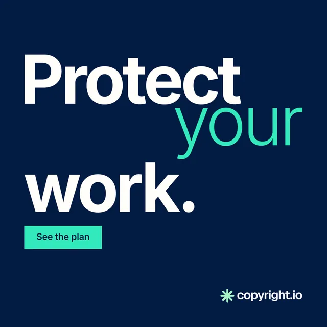 Instagram post for copyright.io: "Protect your work." Swiss style, stacked layout, dark palette in blue, teal.