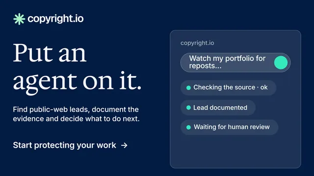 Landscape graphic for copyright.io: "Put an agent on it." Minimal luxury style, bottom layout, dark palette in blue.