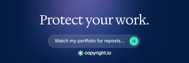 X header for copyright.io: "Protect your work." Agentic glass style, skeleton layout, dark palette in blue.